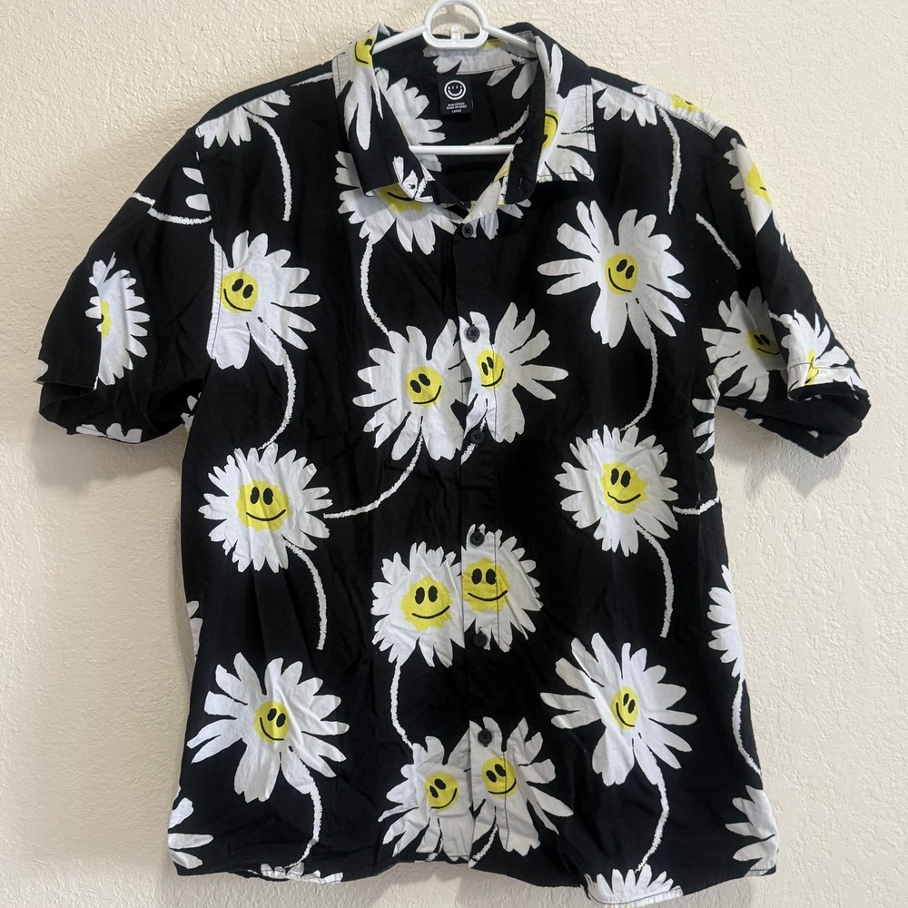 Neff Mens Smiley Face Daisy Floral Button Up Shirt Black Large‎ N0LPMSBXV